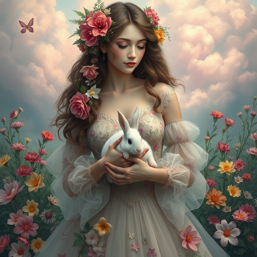 A Whimsical Lady Surrounded by Exotic Flowers in Dreamlike L...