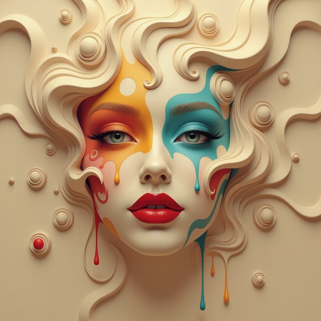 An intricate and vibrant artwork of a face, seemingly melting or merging with a fluid, wavy background. The face is ador...