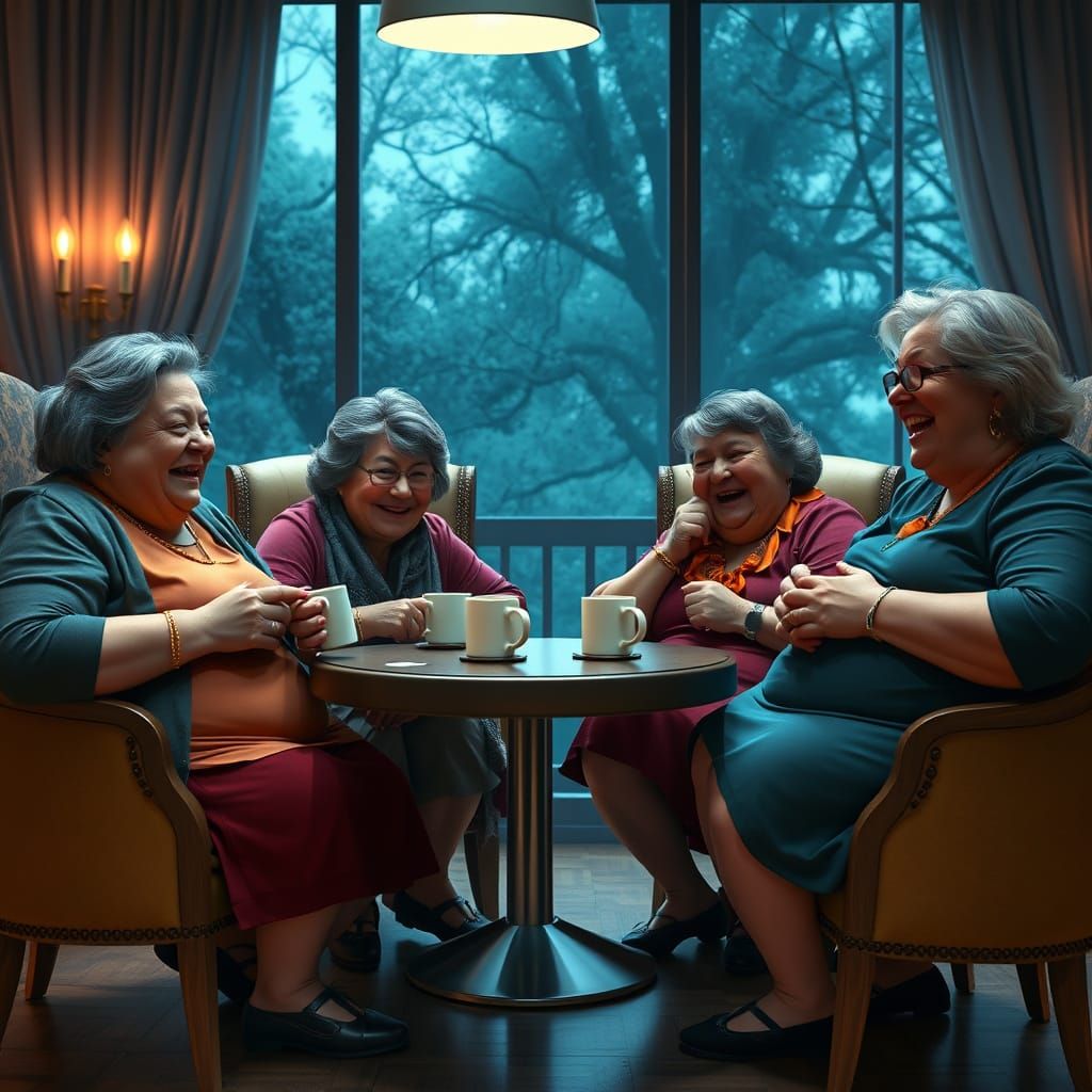 Four Friends Enjoying Laughter in a Cozy Dining Room