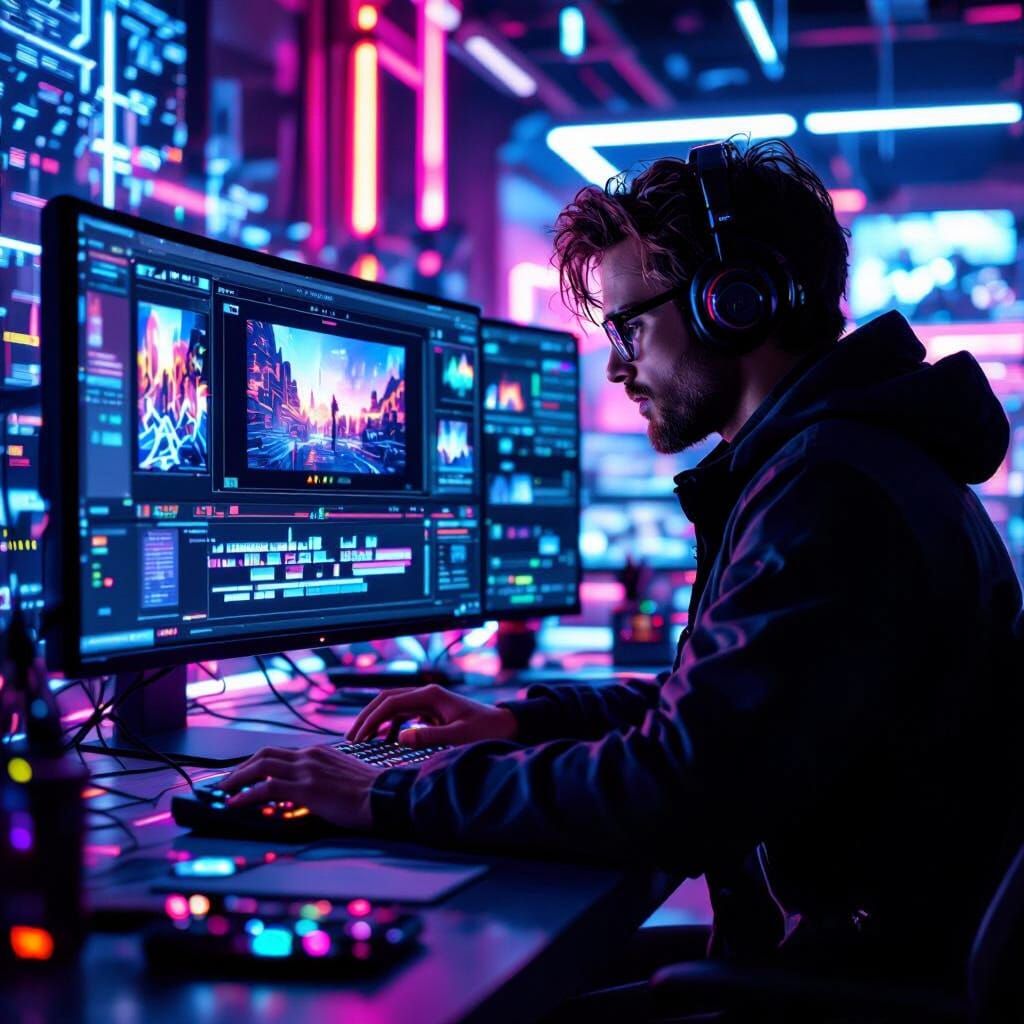 Futuristic Video Editor in Neon Cyberpunk Workspace