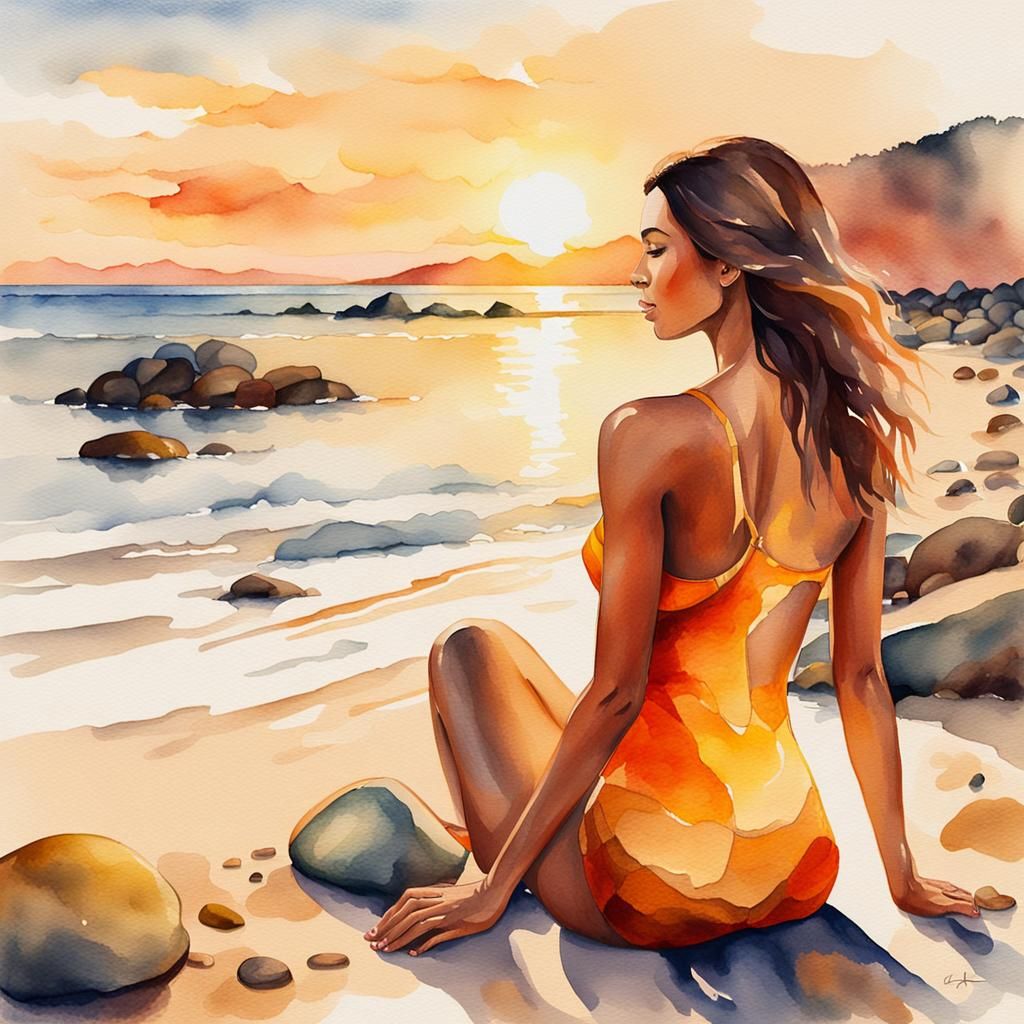 Sunset Beach Hot Stone Therapy in Watercolor Style