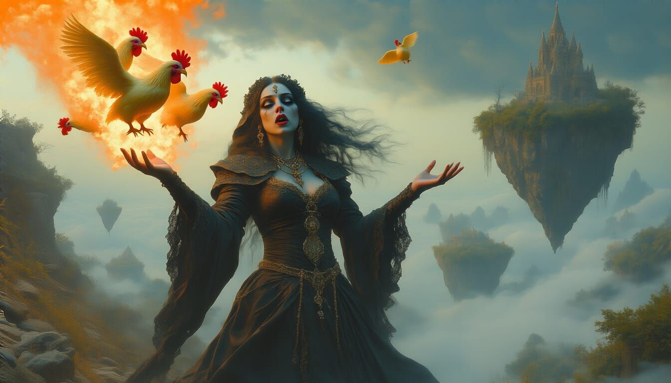 Drow Sorceress Conjures Rubber Chickens in Surreal Landscape