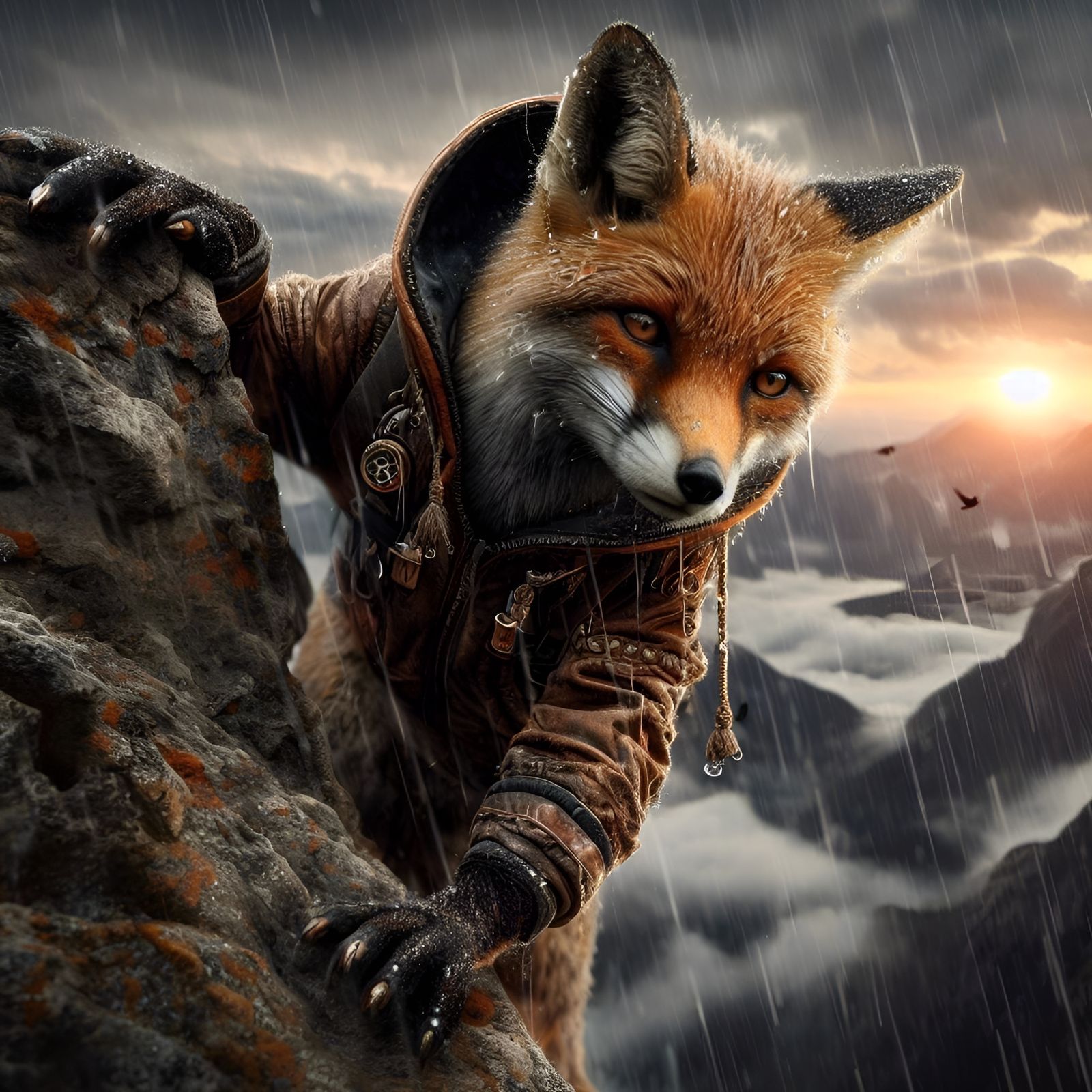 Climbing fox under the rain