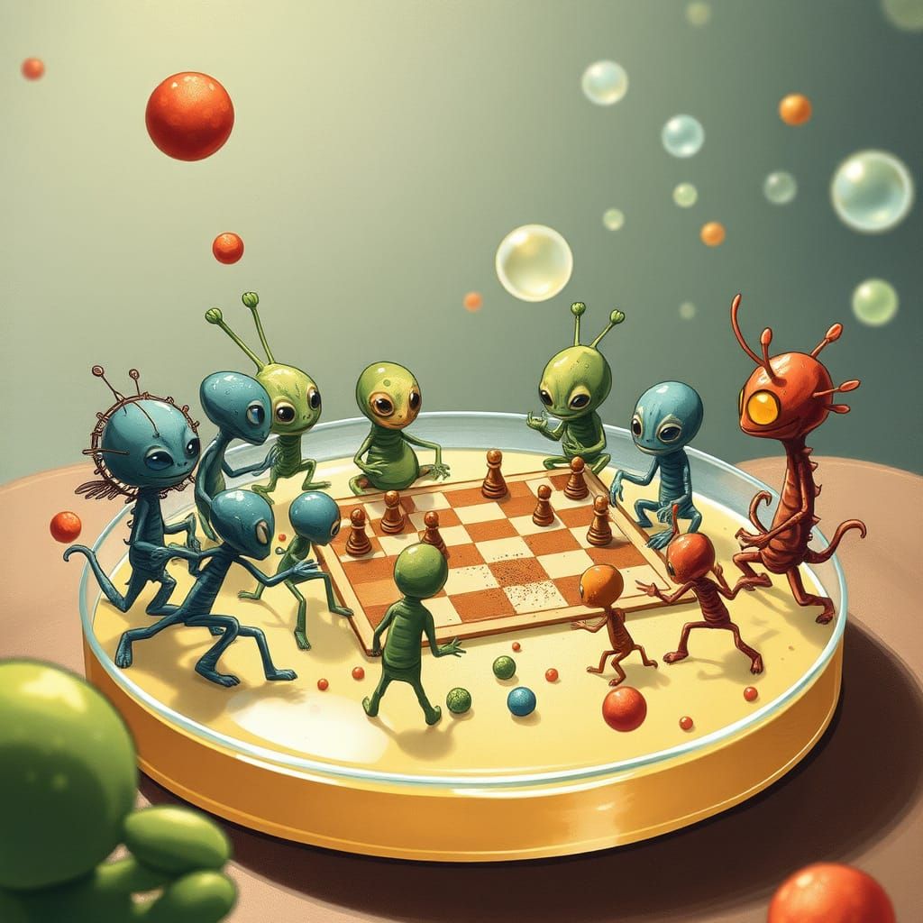Microbes Play Chess in Whimsical Children's Book Style