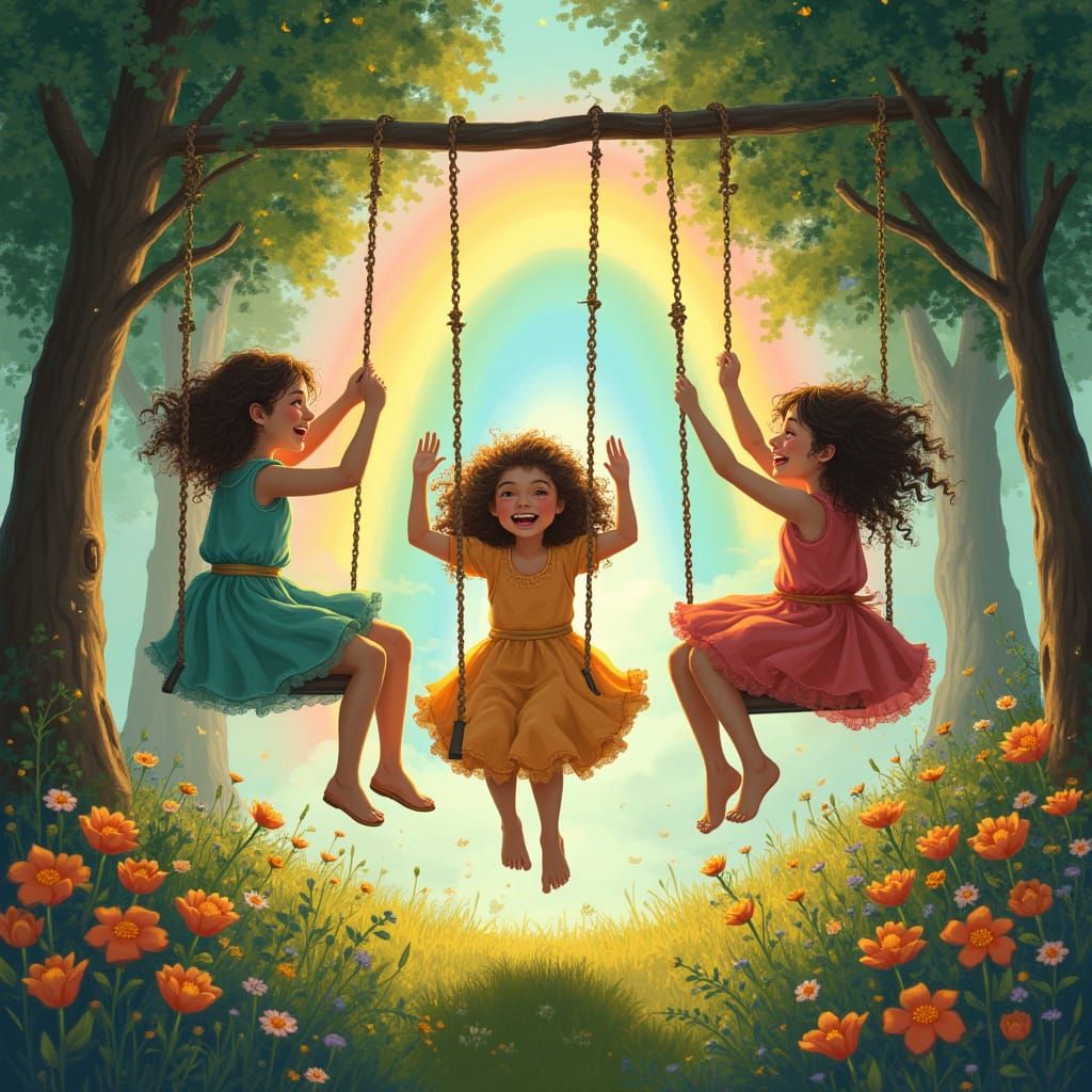 Girls on a Swing Set Burst Through Rainbow Portal