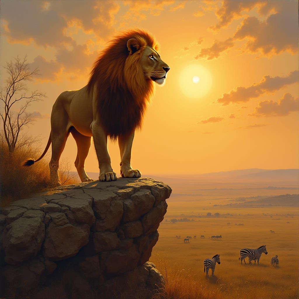 Surreal Lion in Classical Oil Painting Style with Warm Color...