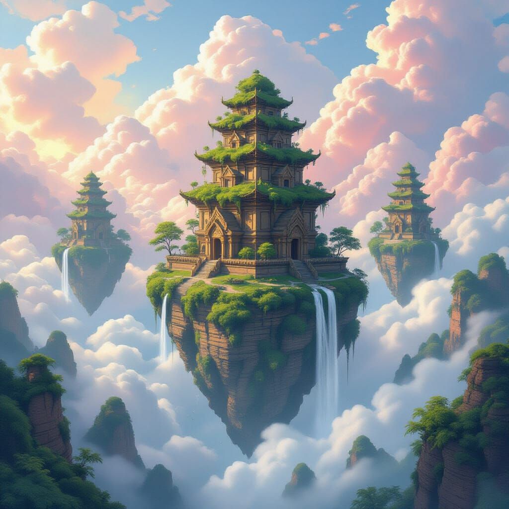 Buddhist Wats on Floating Islands with Waterfalls