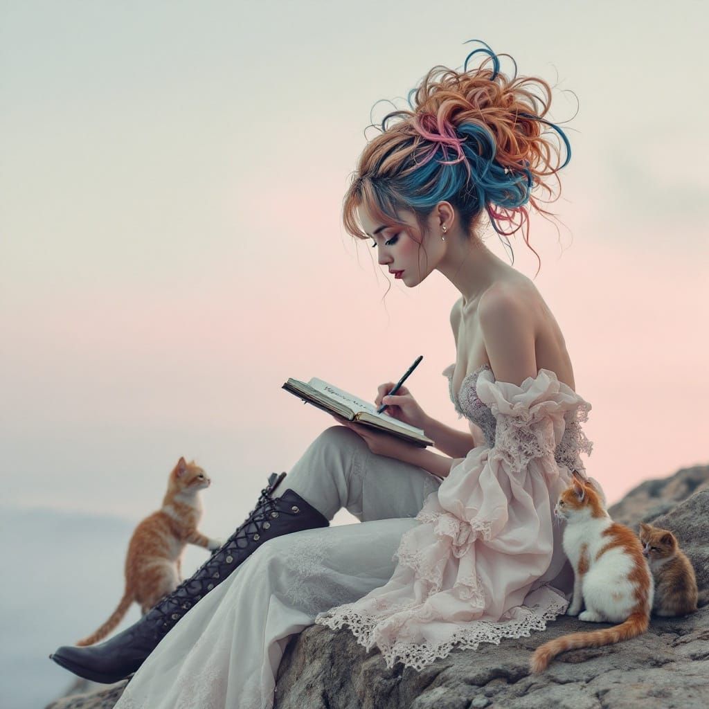 Ethereal Young Woman Writes in Diary on Cliffside Amidst Cur...