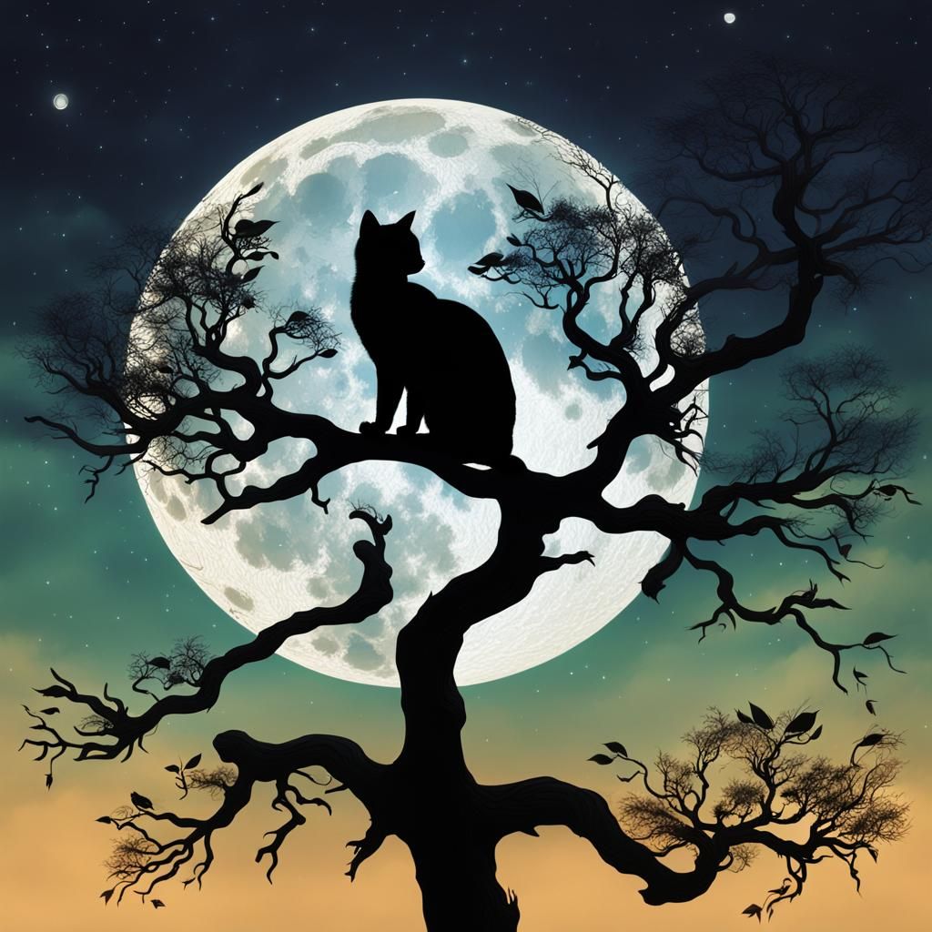 Cat Silhouette Under Moonlight: Fantasy Concept Art