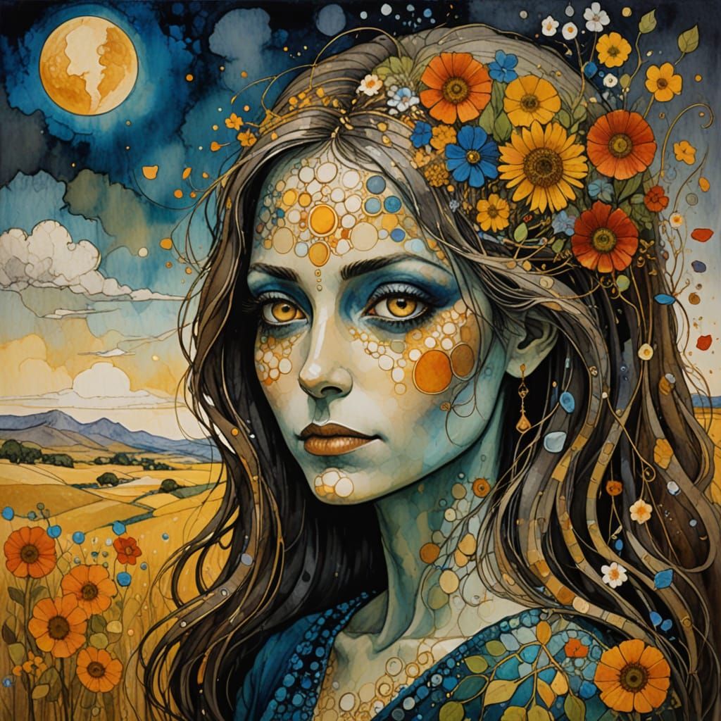 Botanical Woman with Faeries in Surrealist Style