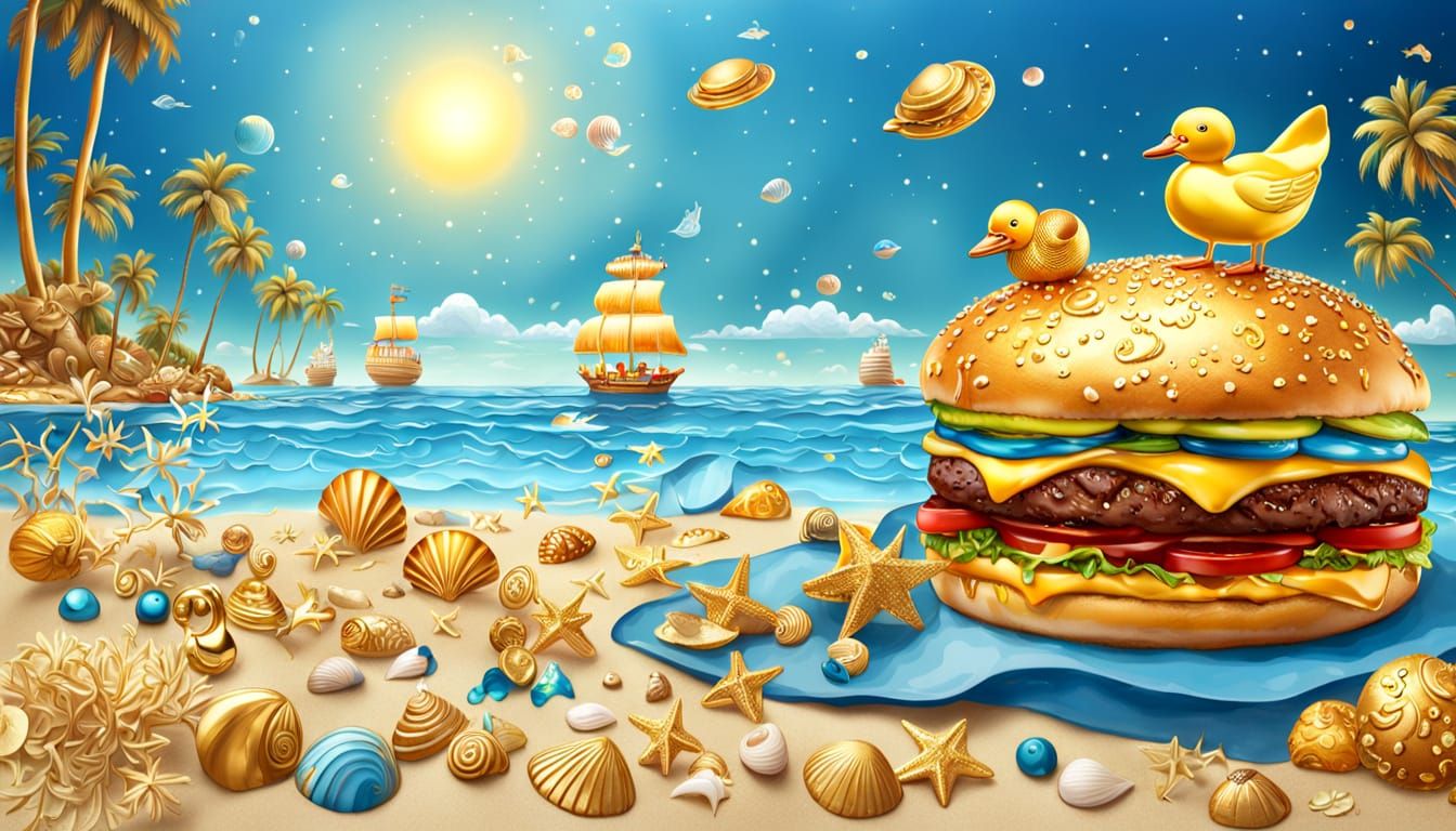 Golden Hamburger on Beach in Art Nouveau Style