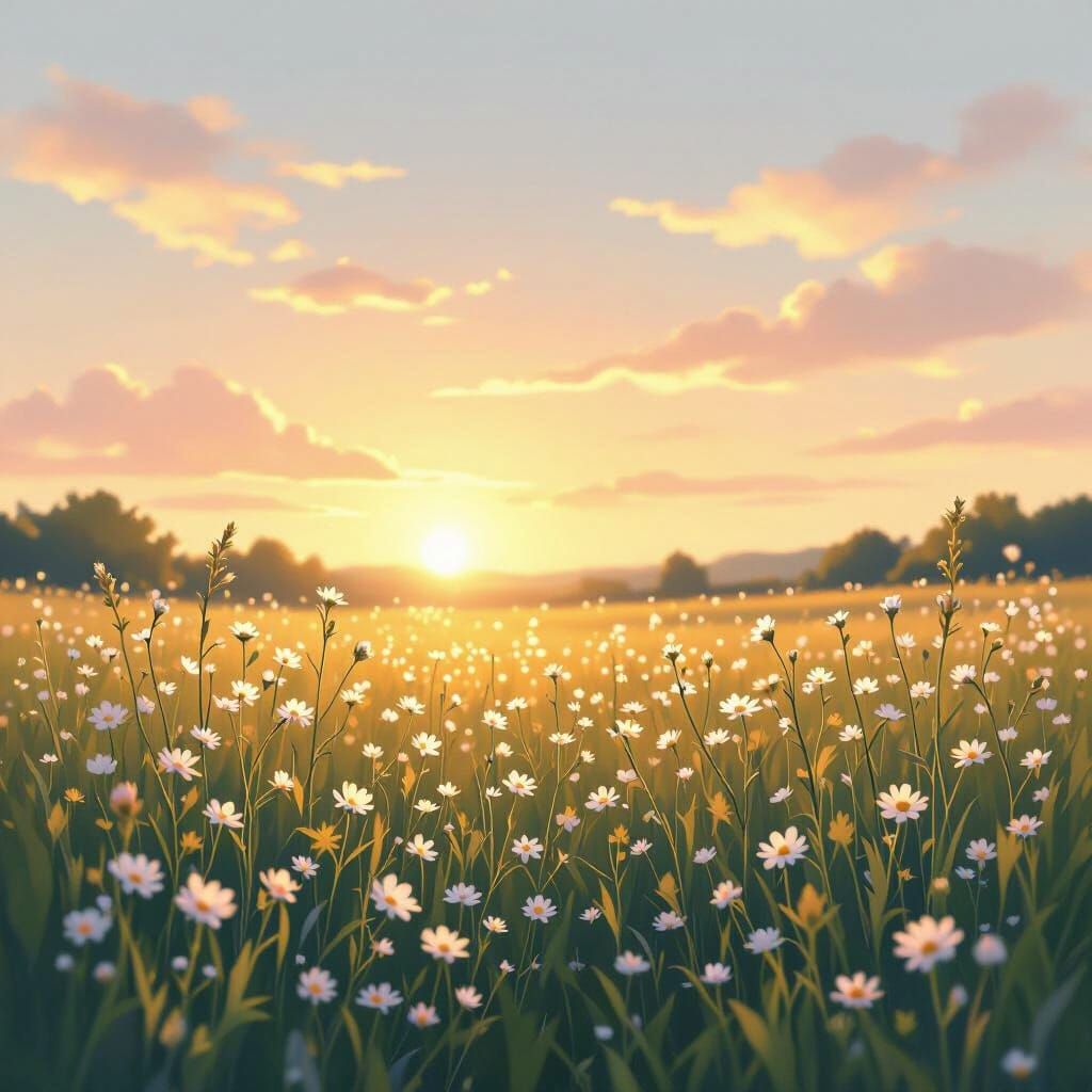 Ethereal Sunrise Over Serene Meadow in Studio Ghibli Style