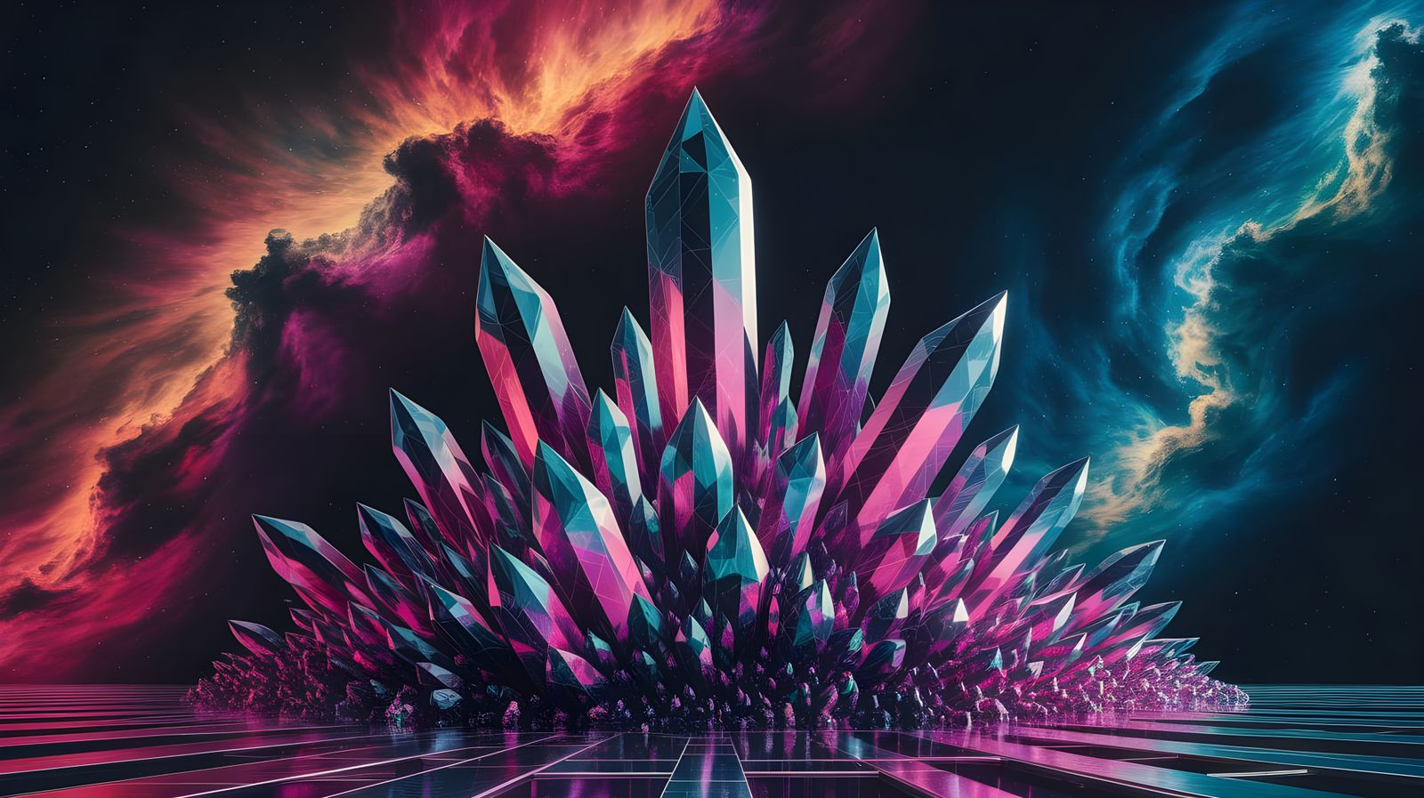 Vibrant Cyberpunk Crystal Explosion in a Swirling Space Nebu...