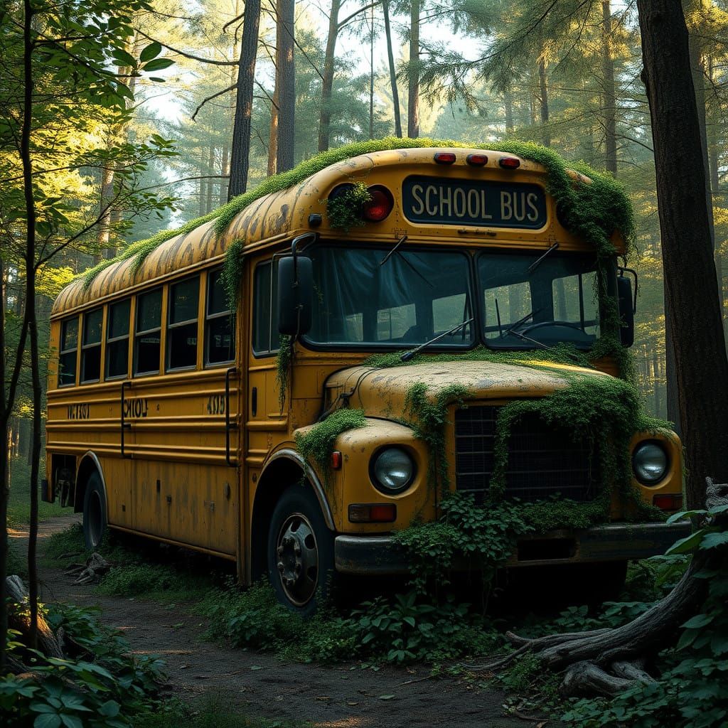 Abandoned International School Bus Reclaimed by Nature in a...