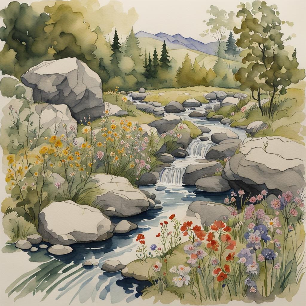 Watercolor Stream Through Wildflower Field in Cottagecore St...