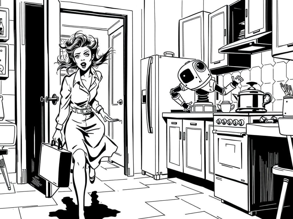 Retro-Futuristic 1950s Housewife and Robot Illustration