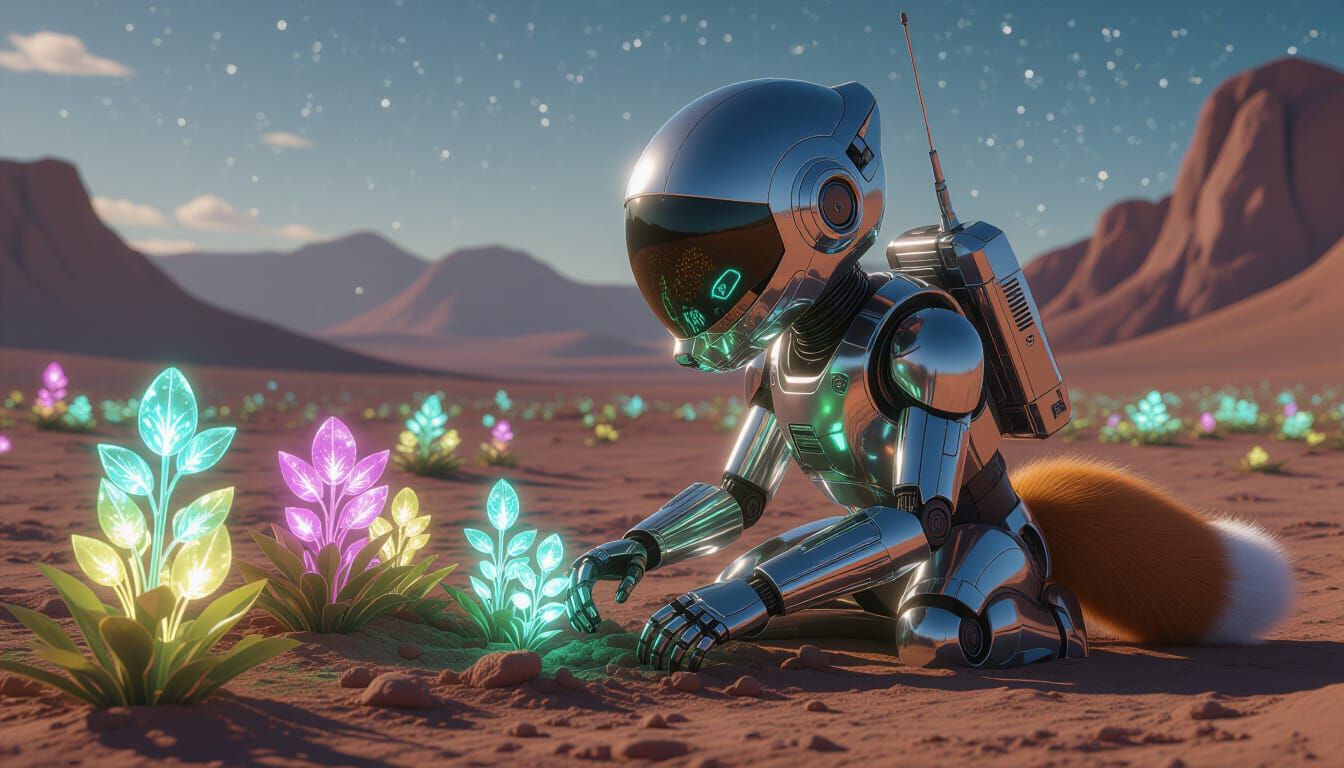 Robot Fox Tending Alien Garden in Sci-Fi Style