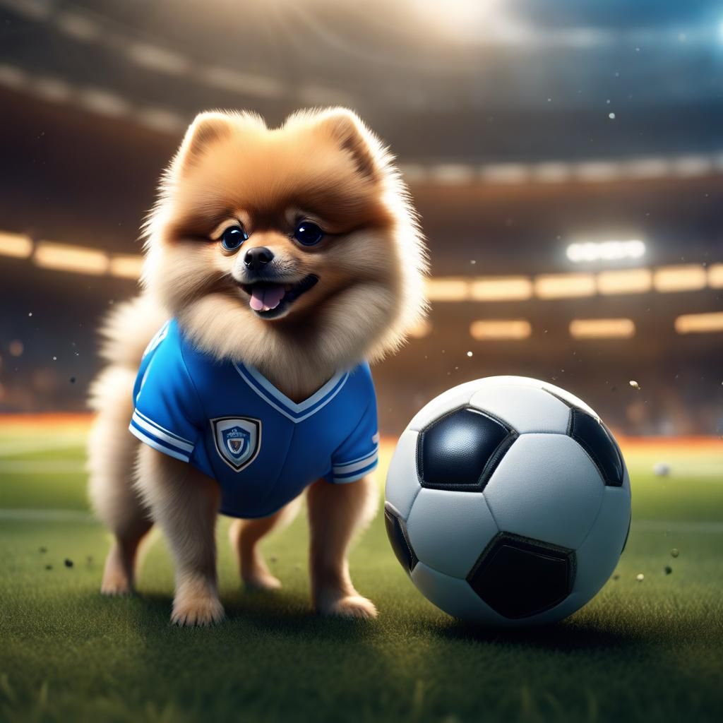 Cute Pomeranian Dog Playing Soccer: Detailed Matte Painting