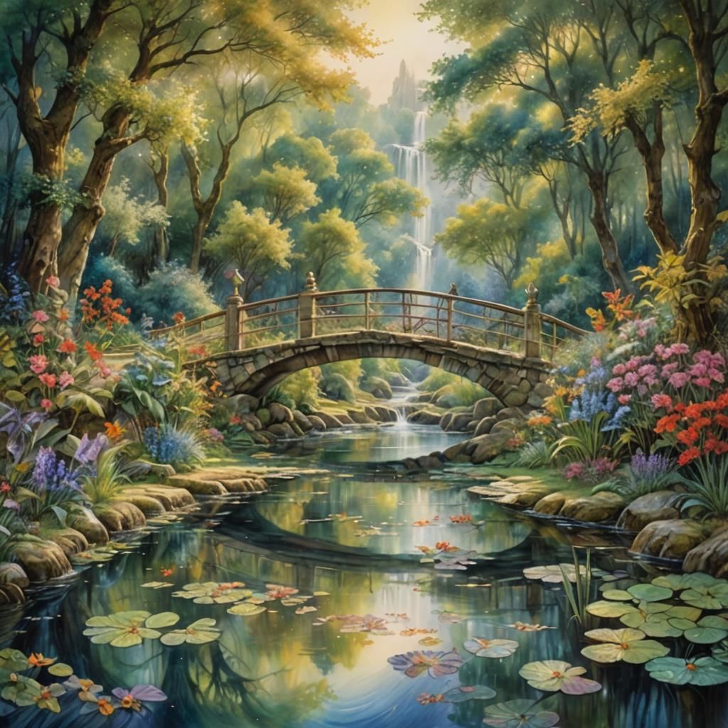 Watercolor Landscape with Stone Bridge and Village