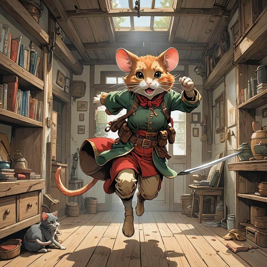 Anime Mouse Ranger Escaping Cat in Cel-Shaded Style