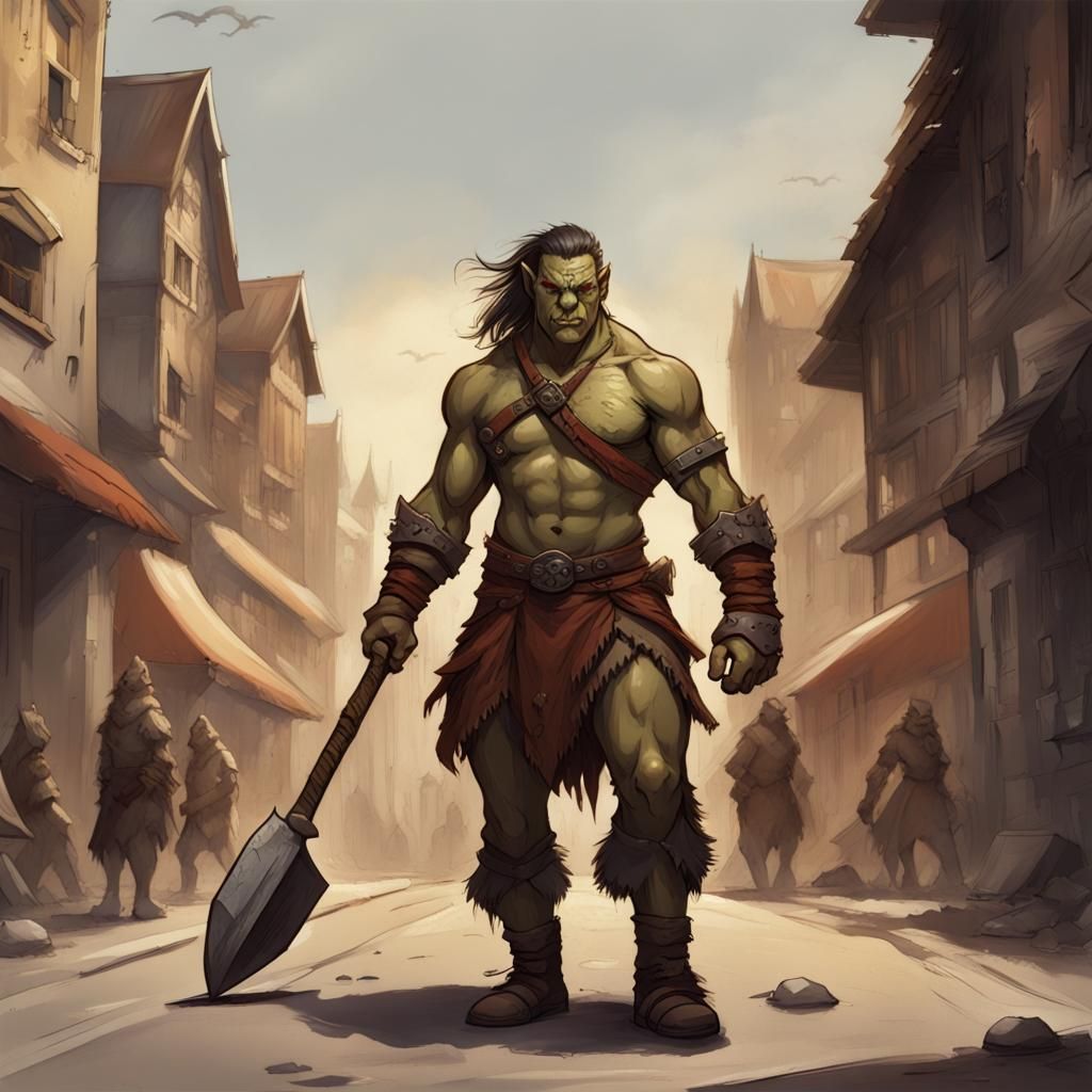 Half-Orc Barbarian Teenager in Medieval Fantasy Art