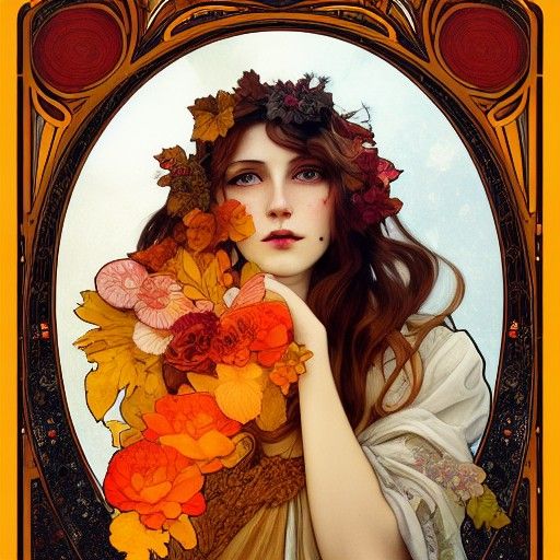 Autumn Goddess Portrait in Art Nouveau Style