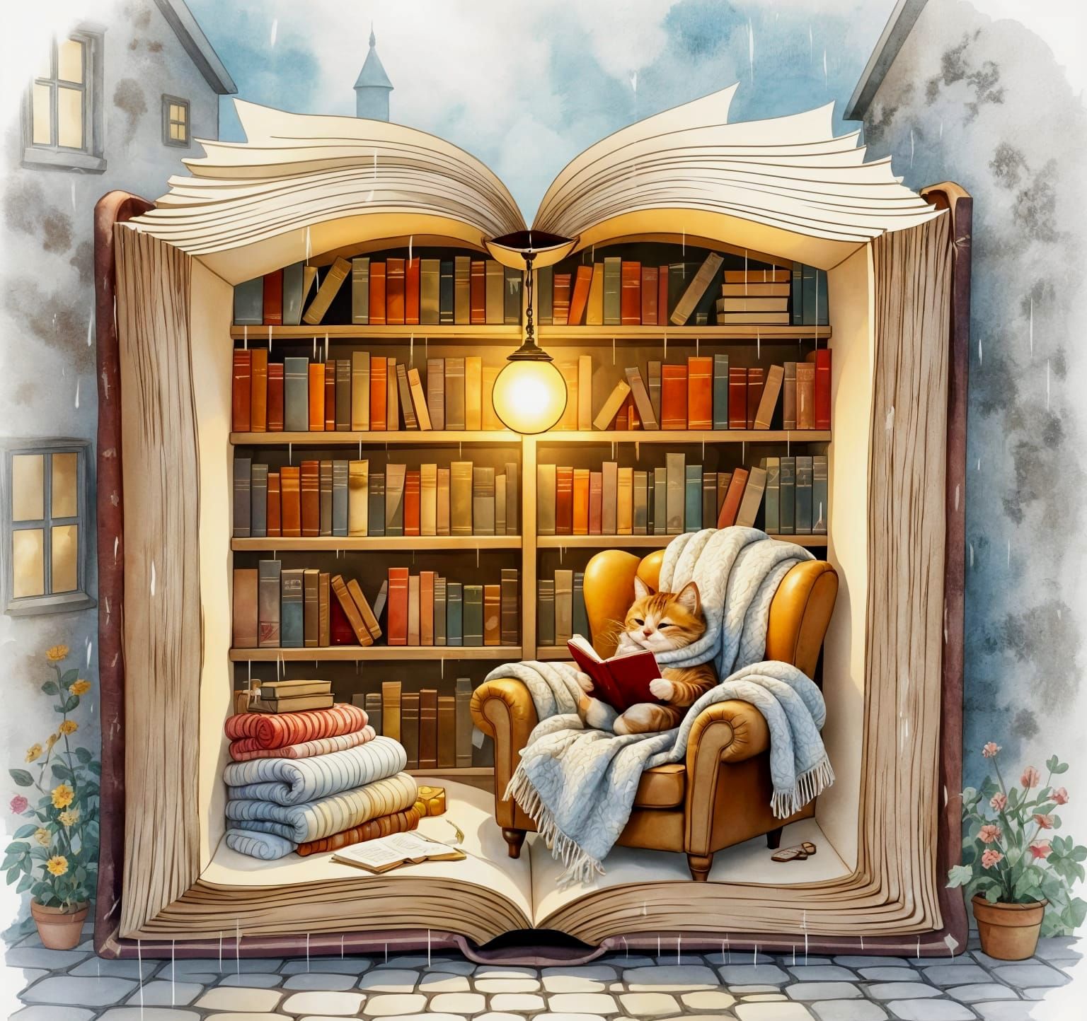 Cozy Book Nook with Reading Cat in Watercolor Style