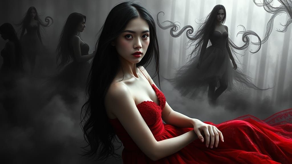 Ethereal Woman in Red Dress, Hyperrealistic Photography