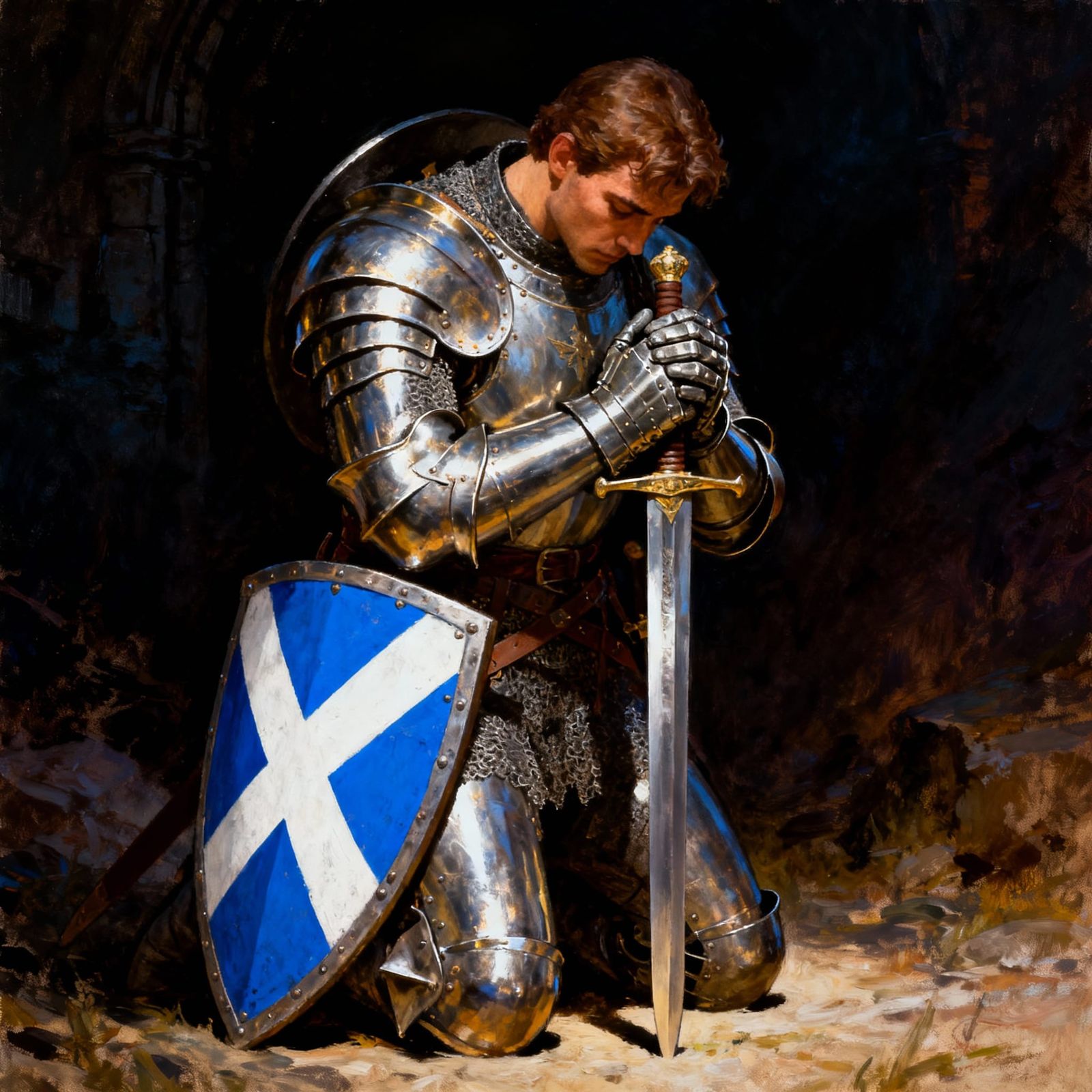 Knight Kneeling in Prayer with Sword and Shield