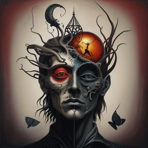 Surreal Hanged Man Portrait in Crimson Clouds