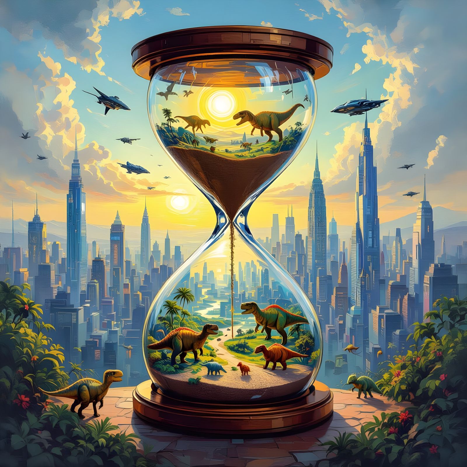 Hourglass Contrasts Prehistoric Past and Futuristic City