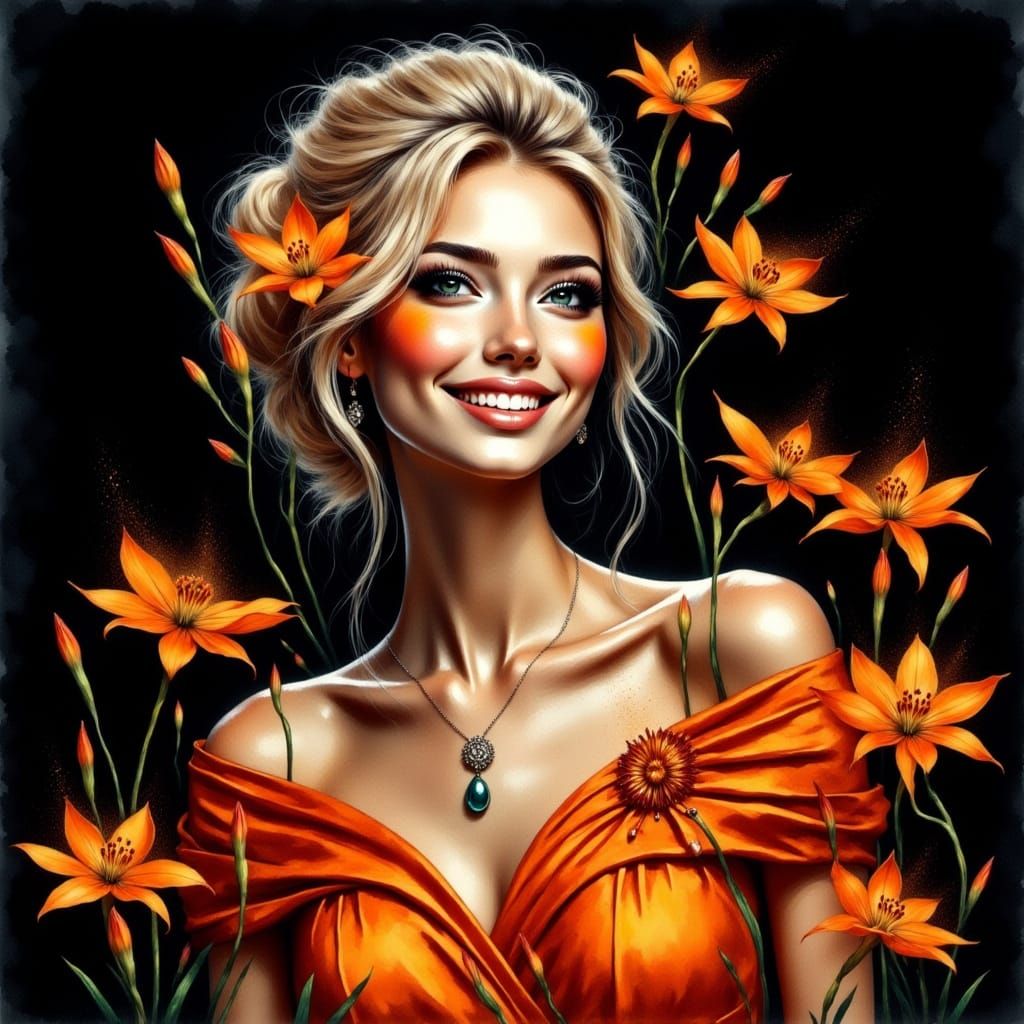 Beautiful Woman in Velvet Dress with Physalis