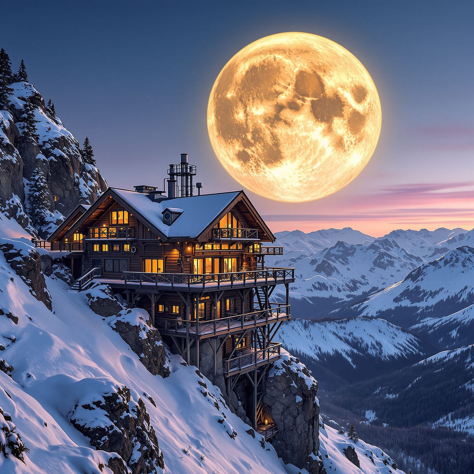 Mountain Cabin Under Full Moon in Dramatic Photograph