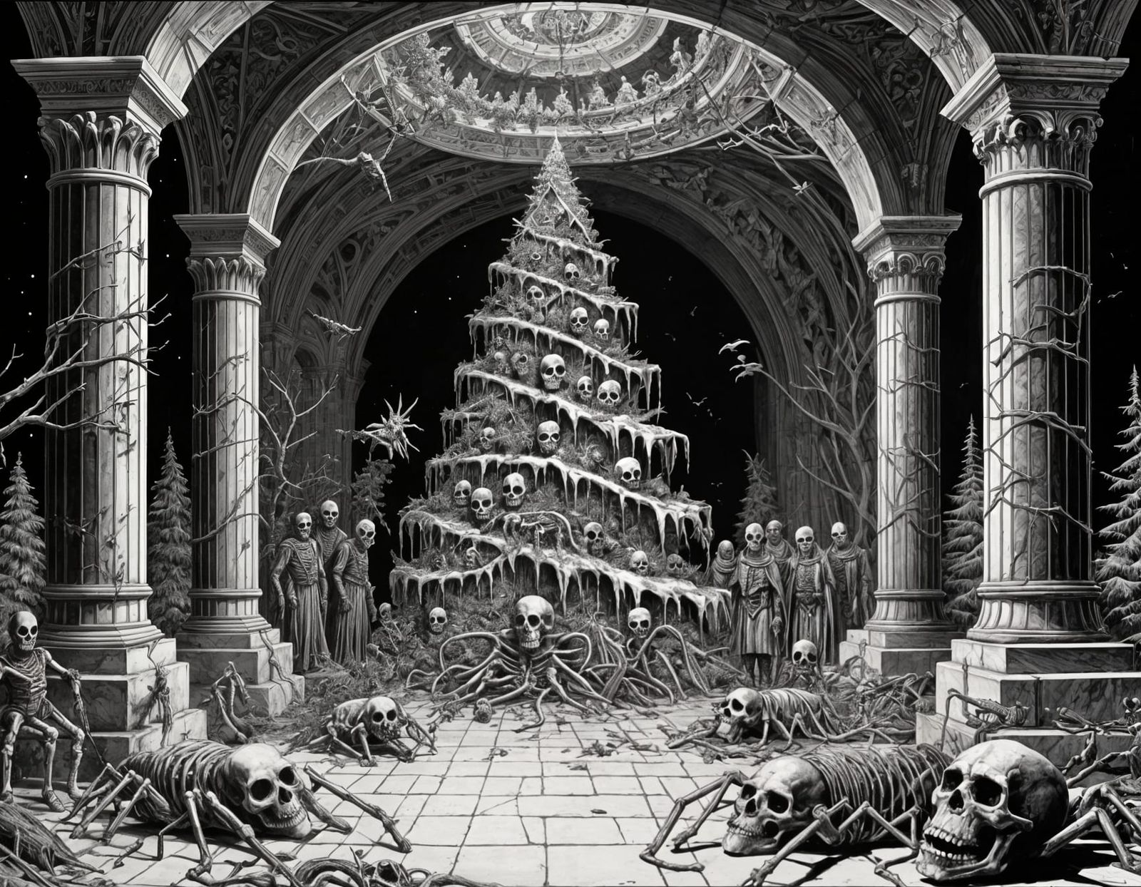 Creepy Christmas Tree in Tomb with Mummies