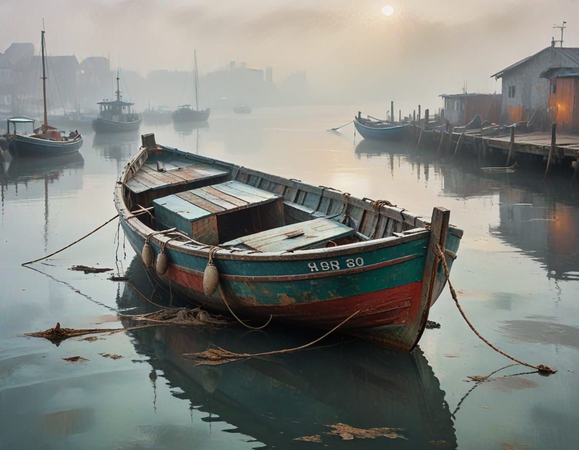 Weathered Boat in Misty Winter Harbor: Abstract Expressionis...