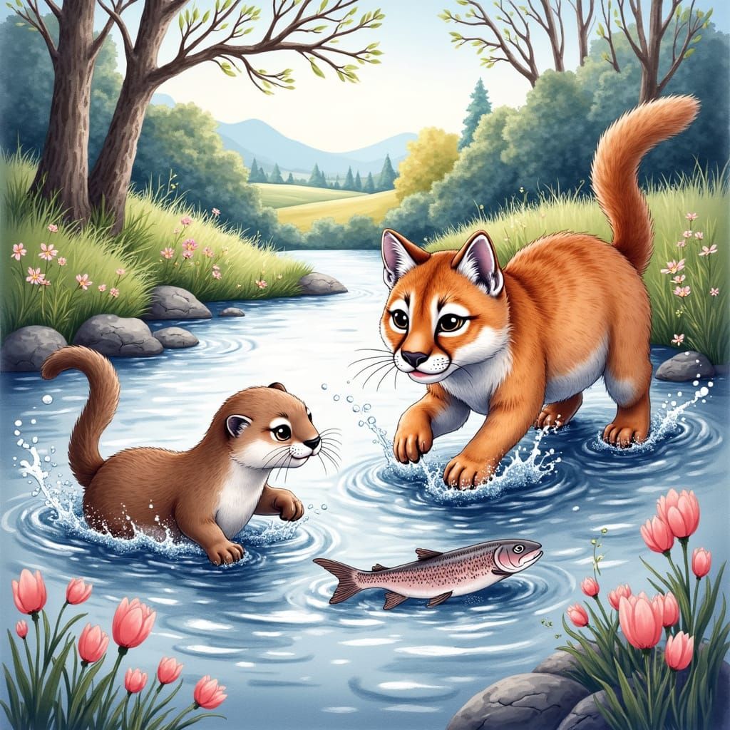 Baby Otter and Cougar Cub go fishing