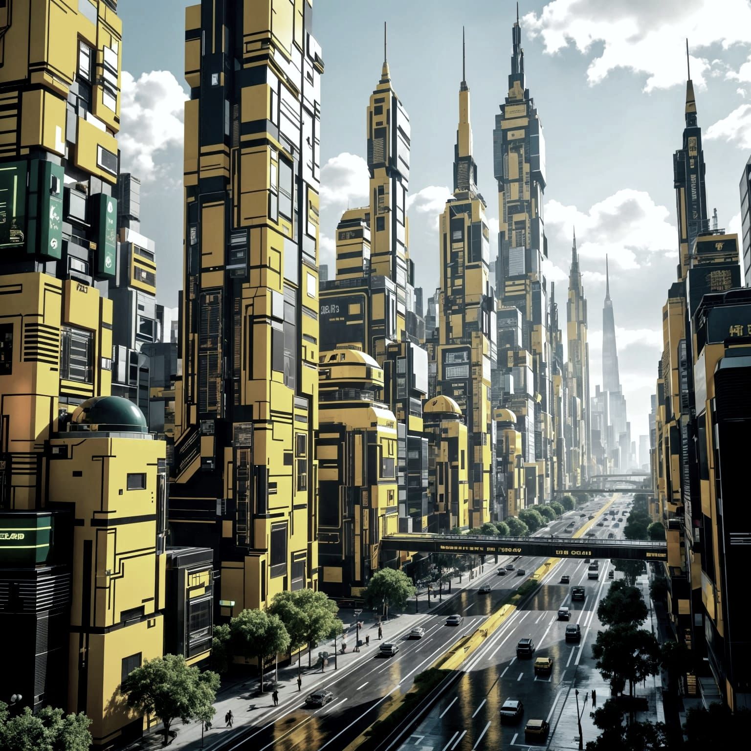 Cyberpunk Cityscape at Noon in Green and Yellow