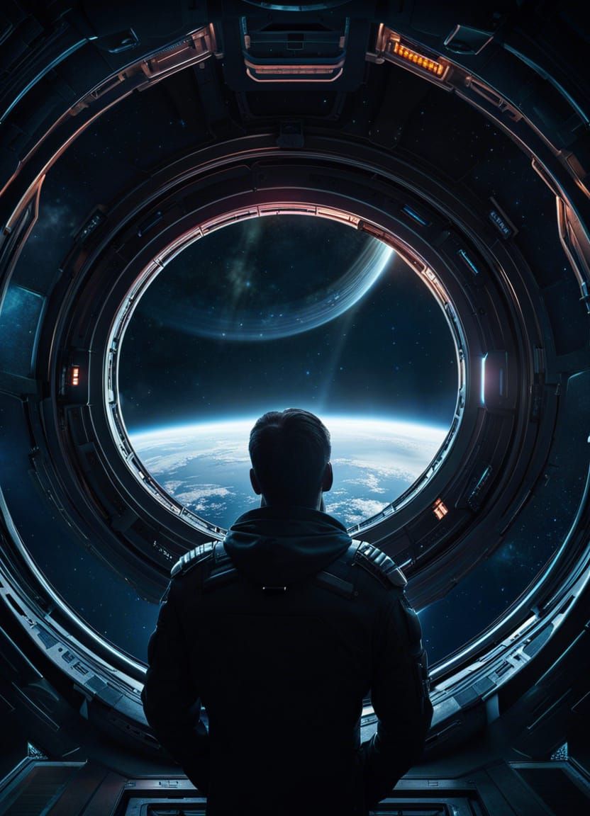 Man Gazing into Space from Spaceship Window