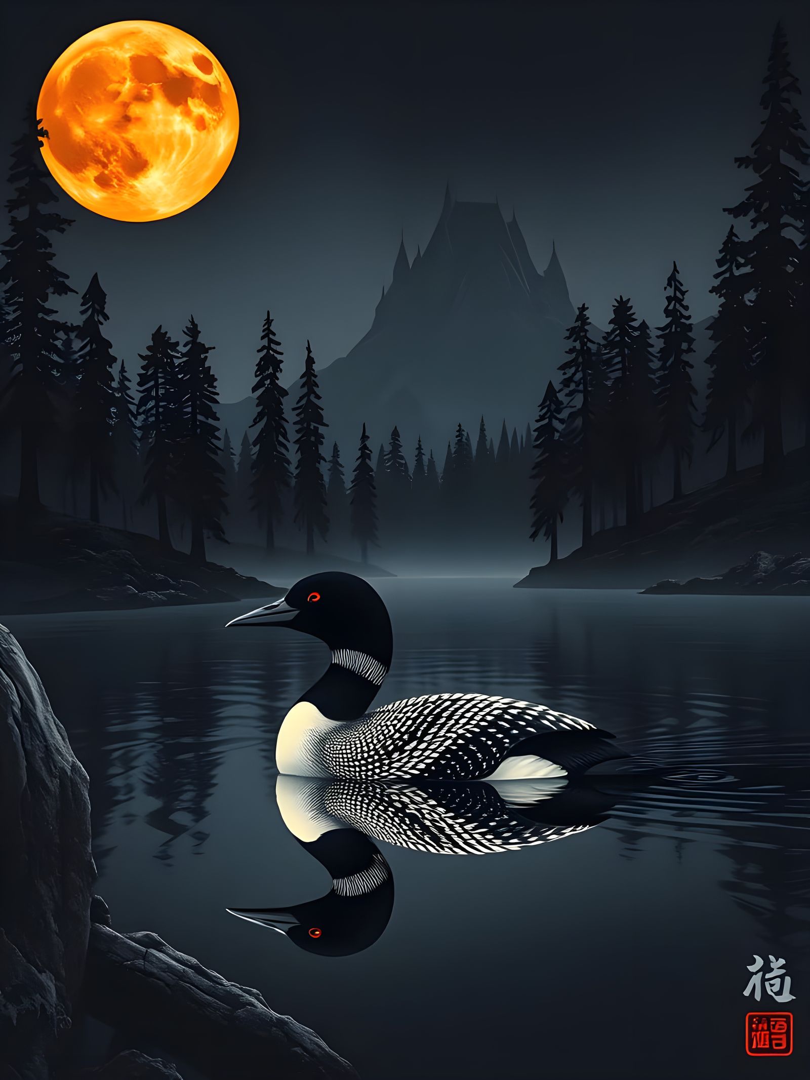 Japanese Ink Scroll: Loon Under Harvest Moon