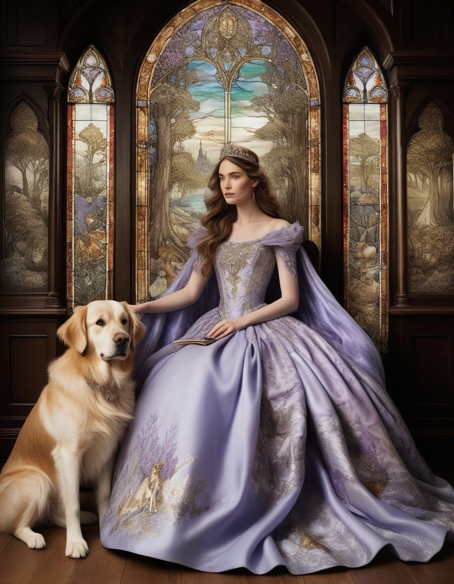 Princess with Puppy in Fairy-Tale Throne Room