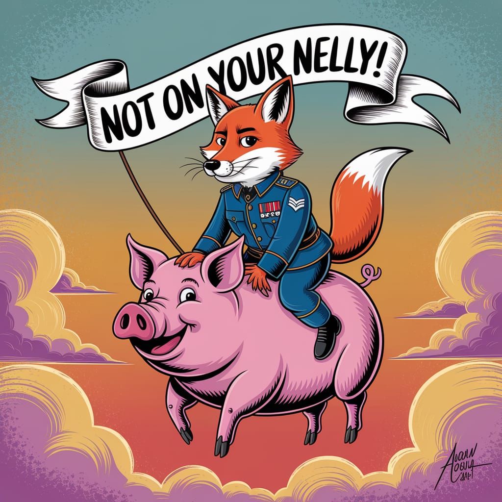 Fox Pilot on Flying Pig in Cartoon Style