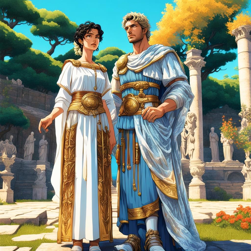 Anime Roman Couple in Lush Classical Garden
