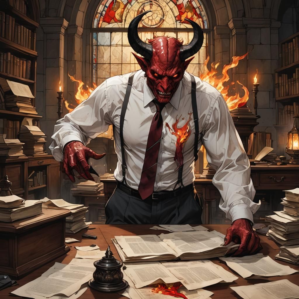 a demon wearing a short sleeve white dress shirt with black ...