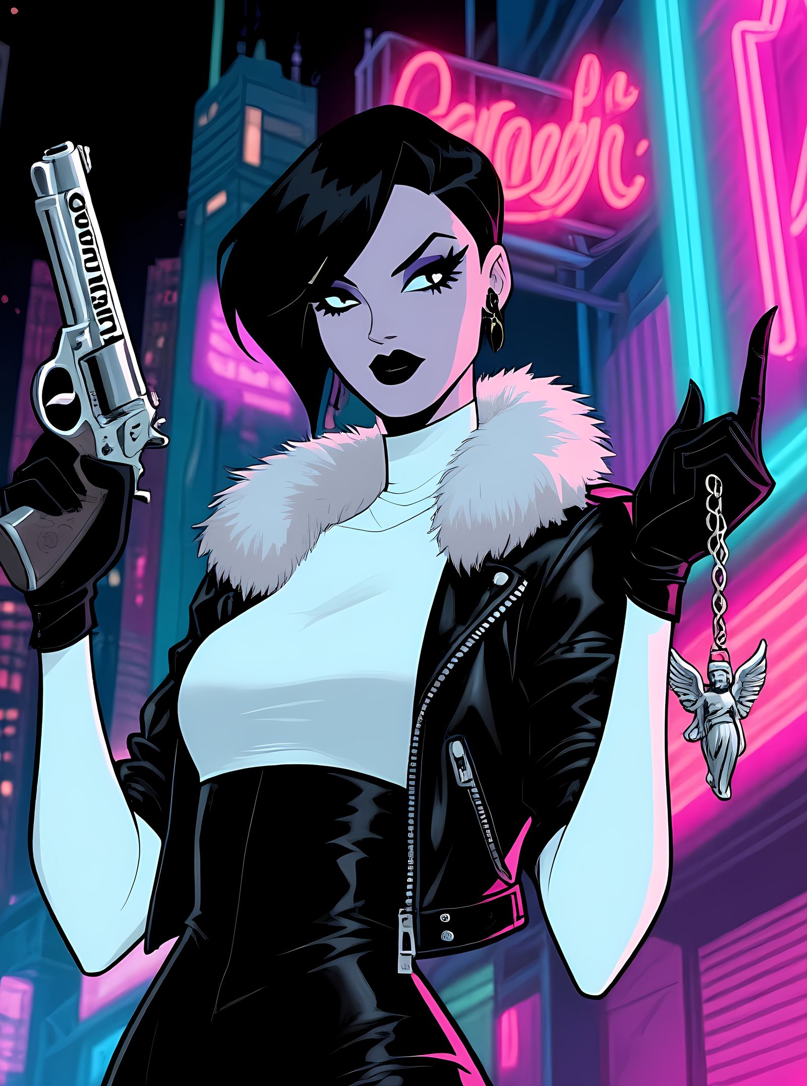 Goth Assassin in Animated Batman Style Cityscape