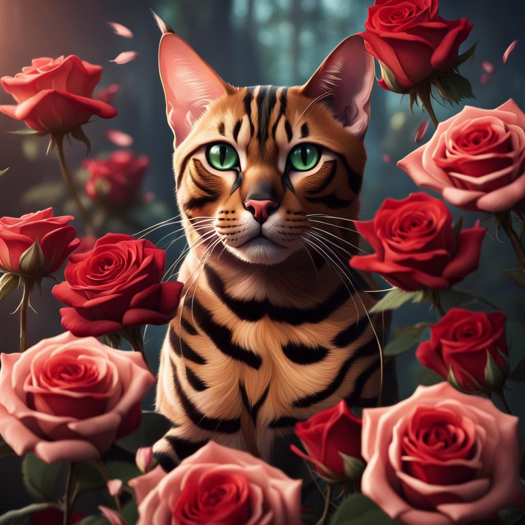 Bengal Cat Portrait in a Rose Garden