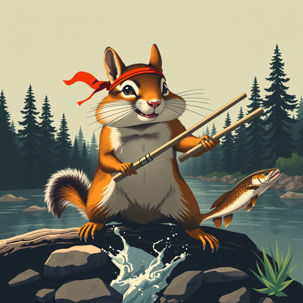 Chipmunk Ninja Wielding Nunchucks: Vintage Poster Art