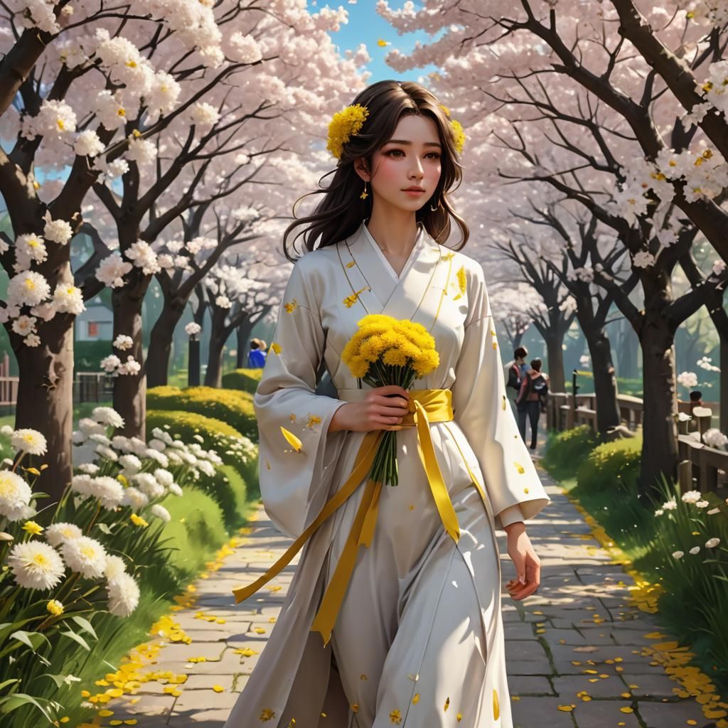 Brunette Flower Girl with Dandelions in Anime Art