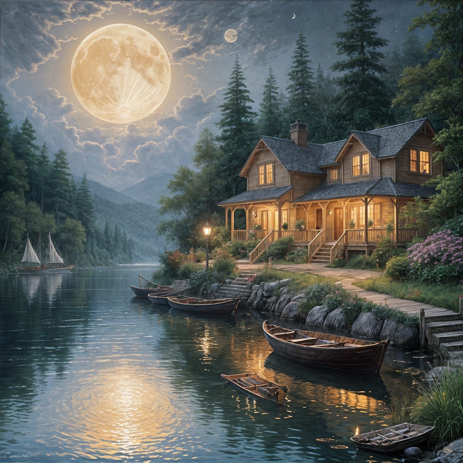 Tranquil Night Landscape with Pier and Boats