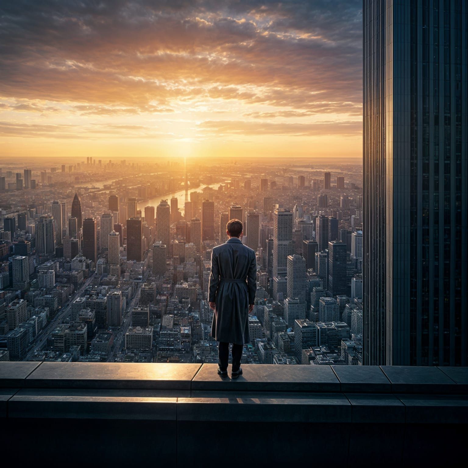 Figure on Skyscraper Edge Contemplates the City