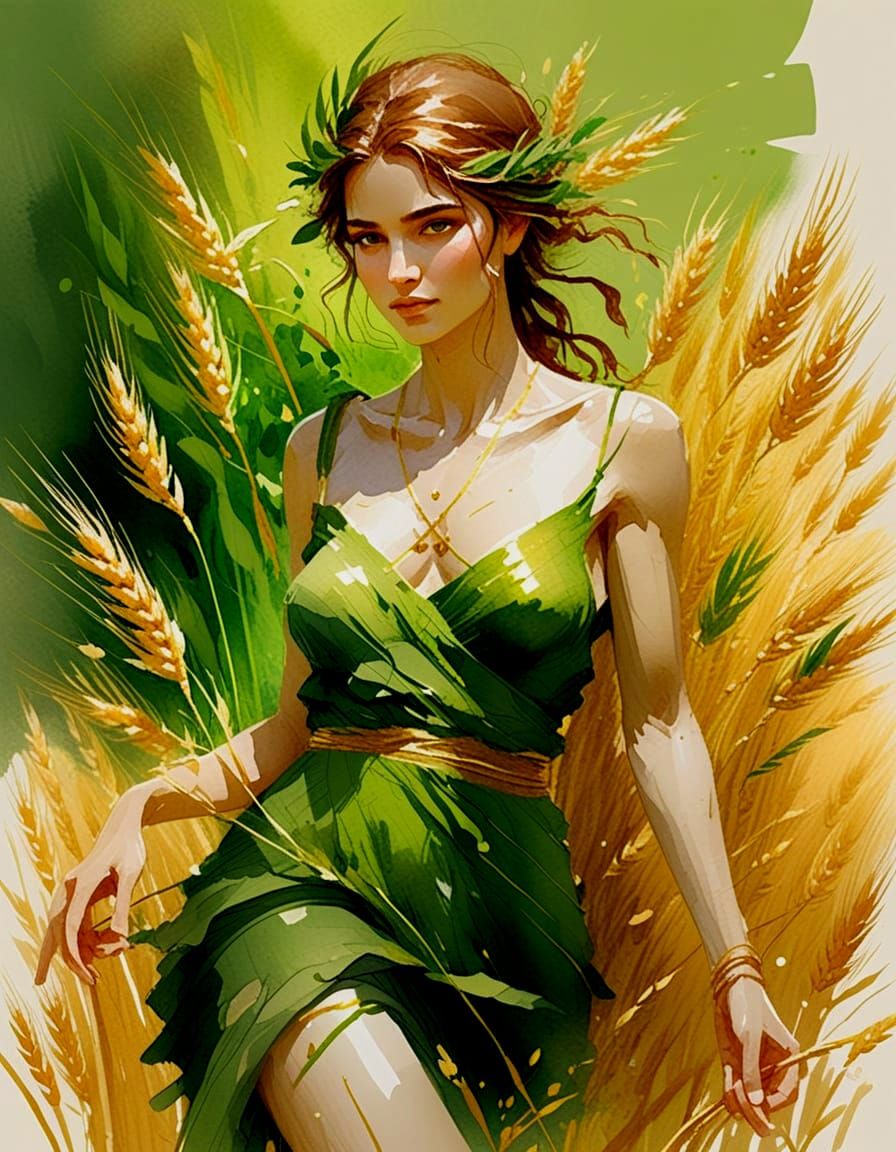 Demetrias Greek Goddess of Vegetation in Watercolor Style